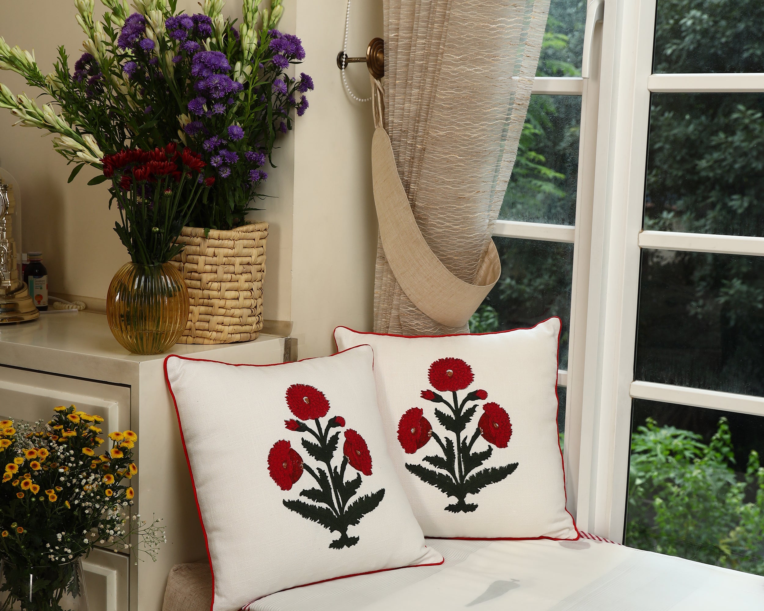 Red Blossom Cushion Cover Set of 2