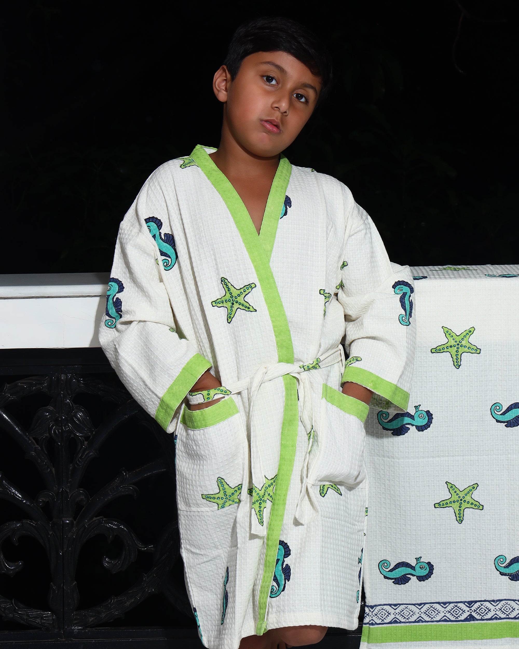Kids Sea Life Print Pure Waffle Cotton Bathrobe